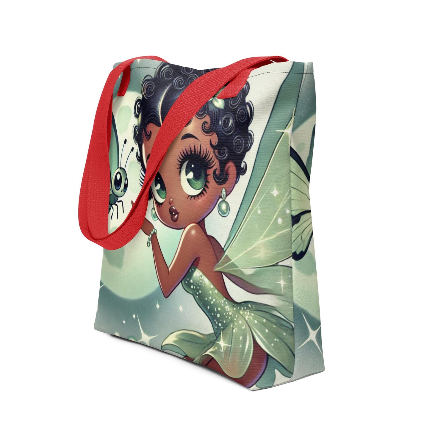 Beautiful Black Fairy in Green Unique Durable Tote | Black Fairy in Green Mist Mythical Forest with Lunar Moth Bag