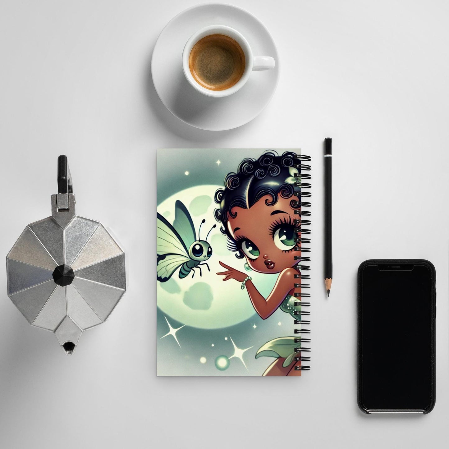 Beautiful Black Fairy in Green Unique Spiral Notebook | Black Fairy in Green Mist Mythical Forest with Lunar Moth Journal