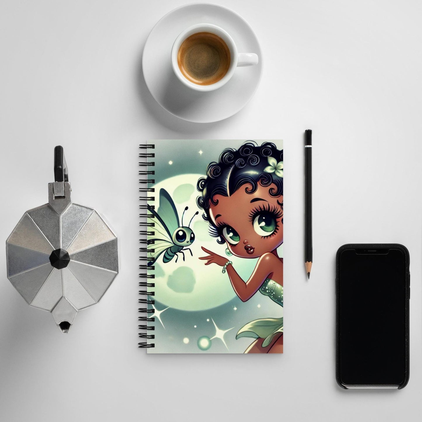 Beautiful Black Fairy in Green Unique Spiral Notebook | Black Fairy in Green Mist Mythical Forest with Lunar Moth Journal