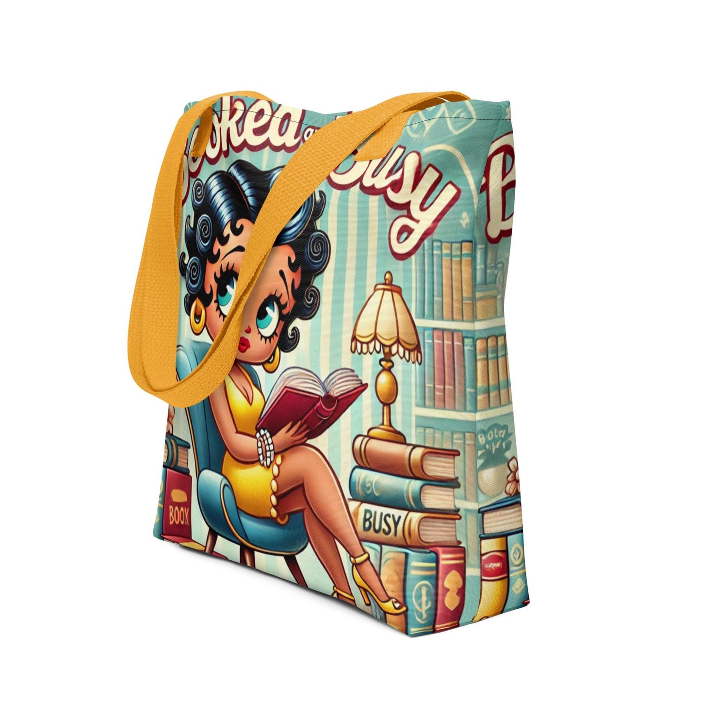 Booked and Busy Blue and Yellow Tote bag | Fun Gift for Reader | Black Girls Read Bag | Gift for Black Teacher Librarian | Gift for Author