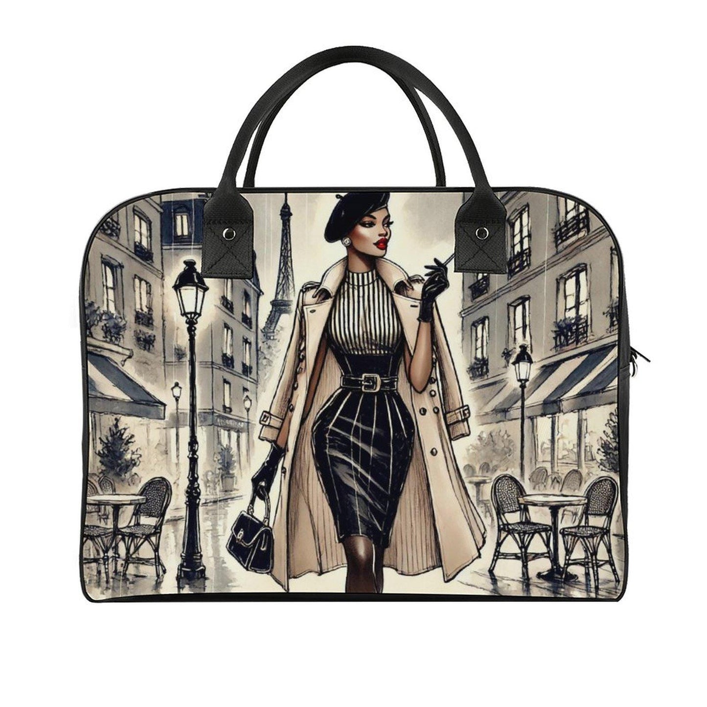 Chic Parisian Travel Bag| Black Woman Travel Bag | Beautiful Parisian Design Travel Bag featuring Sophisticated African American Woman