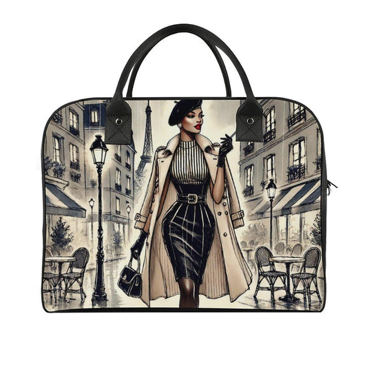 Chic Parisian Travel Bag| Black Woman Travel Bag | Beautiful Parisian Design Travel Bag featuring Sophisticated African American Woman