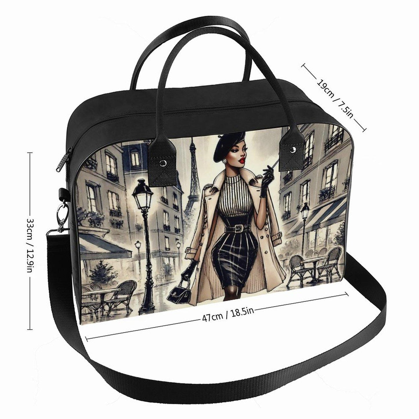 Chic Parisian Travel Bag| Black Woman Travel Bag | Beautiful Parisian Design Travel Bag featuring Sophisticated African American Woman