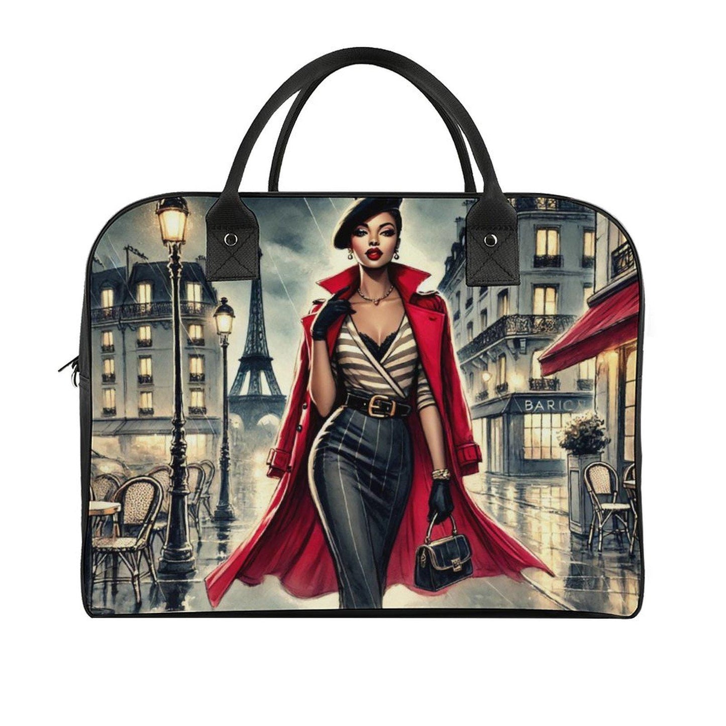 Chic Parisian Night with Travel Bag| Black Woman Travel Bag | Beautiful Parisian Travel Bag featuring Sophisticated African American Woman