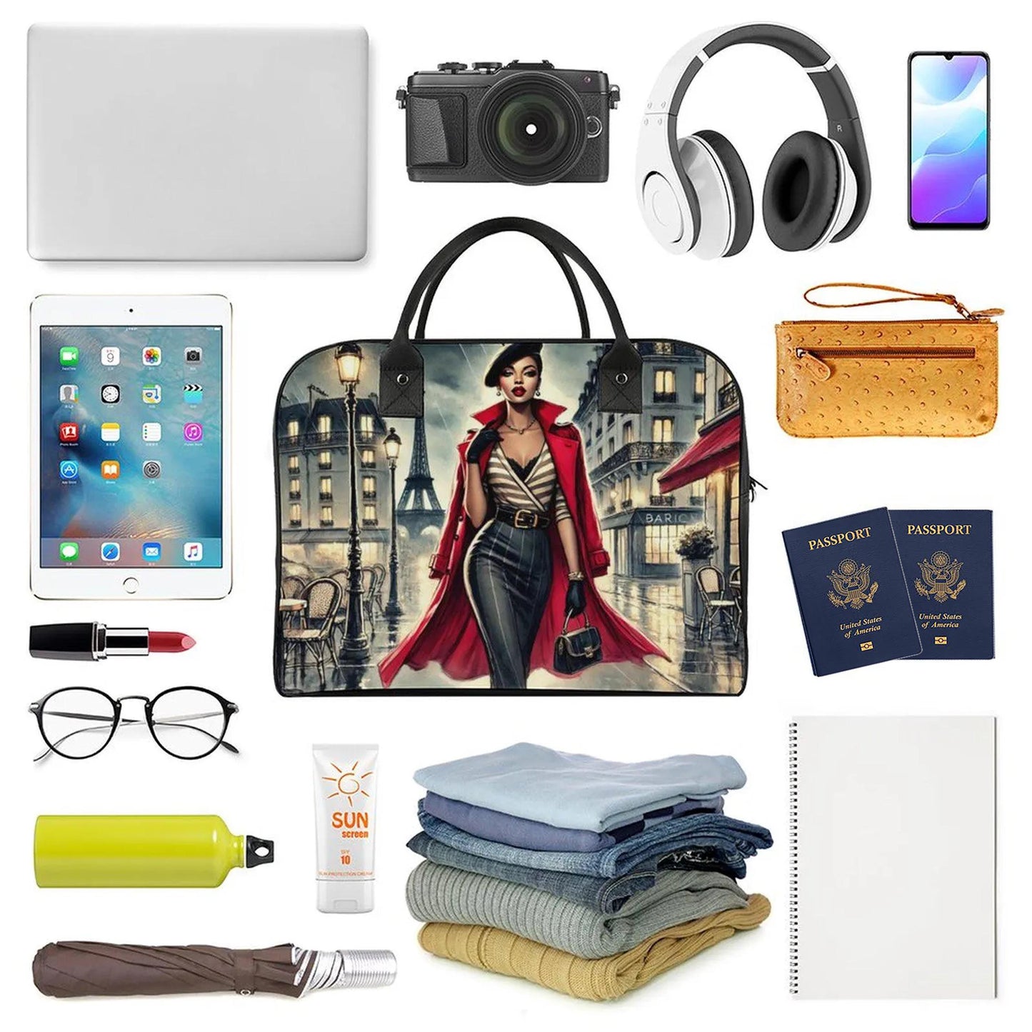 Chic Parisian Night with Travel Bag| Black Woman Travel Bag | Beautiful Parisian Travel Bag featuring Sophisticated African American Woman