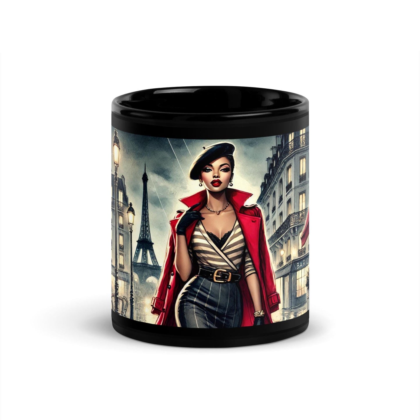 Chic Parisian Black Glossy Mug, Stylish Mug for Fashion Lovers, Gift for Coffee Lovers, Vintage Fashion Mug featuring African American Woman
