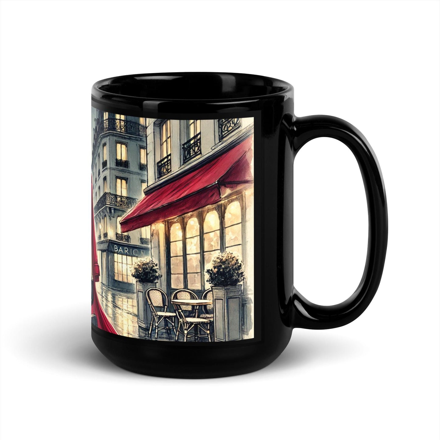 Chic Parisian Black Glossy Mug, Stylish Mug for Fashion Lovers, Gift for Coffee Lovers, Vintage Fashion Mug featuring African American Woman