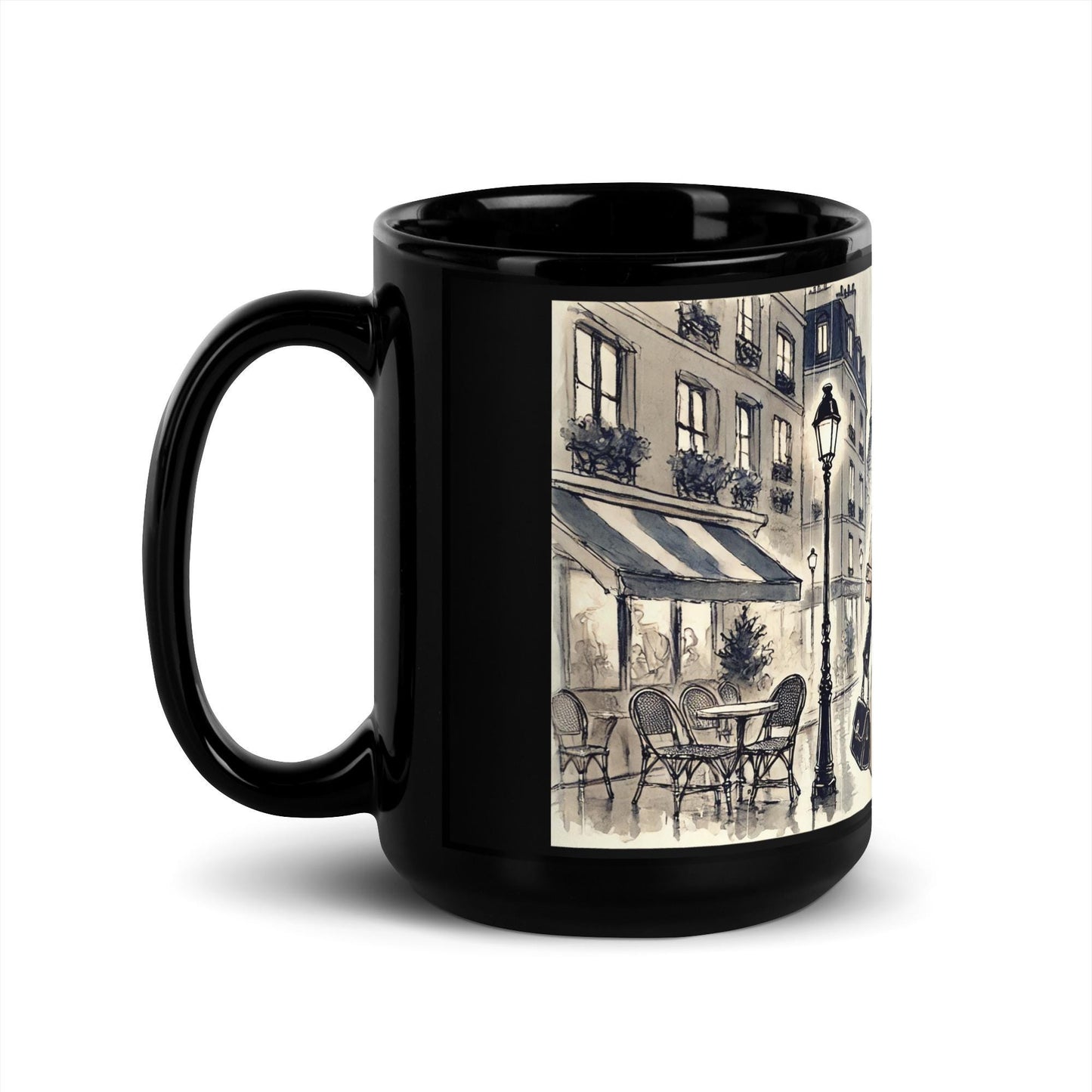 Chic Parisian Black Glossy Mug, Luxurious Designed Mug, Gift for Coffee Lovers , Vintage Black Gloss Coffee Mug with African American woman