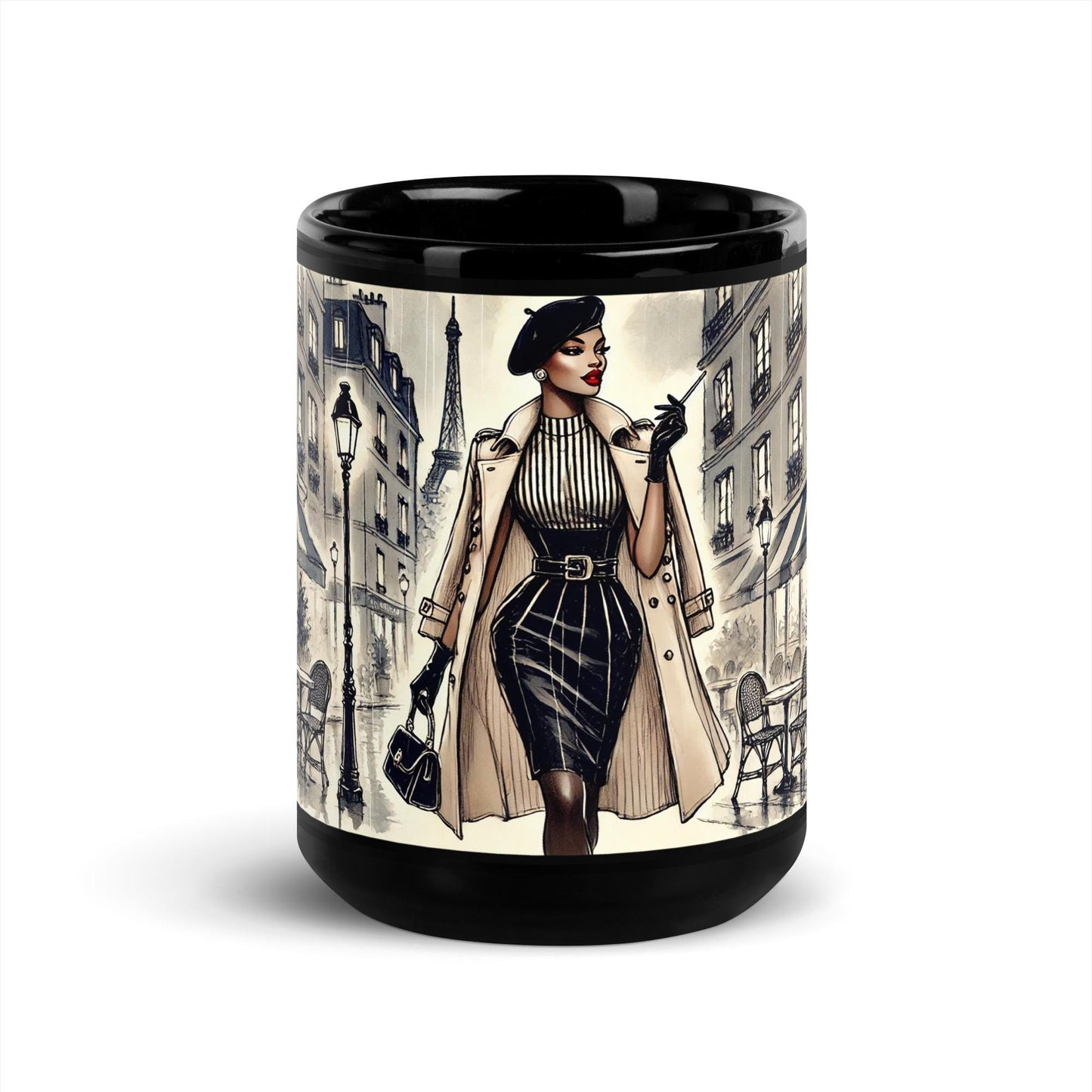 Chic Parisian Black Glossy Mug, Luxurious Designed Mug, Gift for Coffee Lovers , Vintage Black Gloss Coffee Mug with African American woman