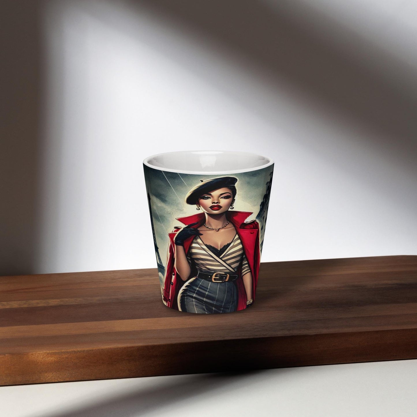 Chic Parisian Night Latte Mug, Stylish Mug for Fashion Lovers, Gift for Coffee Lovers, Vintage Fashion Mug featuring African American Woman