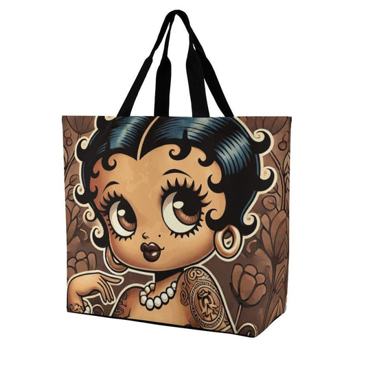 Large Vintage Earth Tone Black Betty Boop One Shoulder Shopping Bag| Black Betty Boop Bag Great Gift for Her| Black Betty Boop Trending Bag