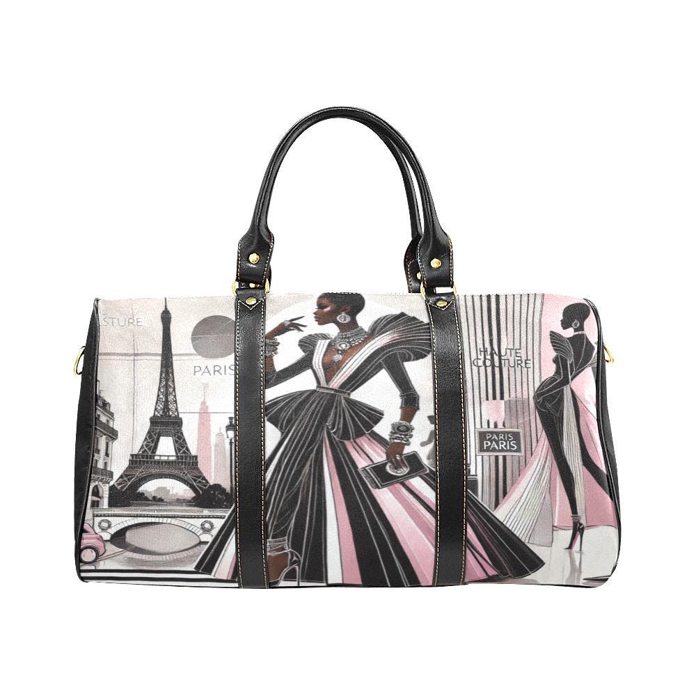Personalized Fashion Lover Black Woman in Paris Duffle Bag | Black Woman Couture Paris Weekend Travel Bag Gift | Black Women Overnight Bag