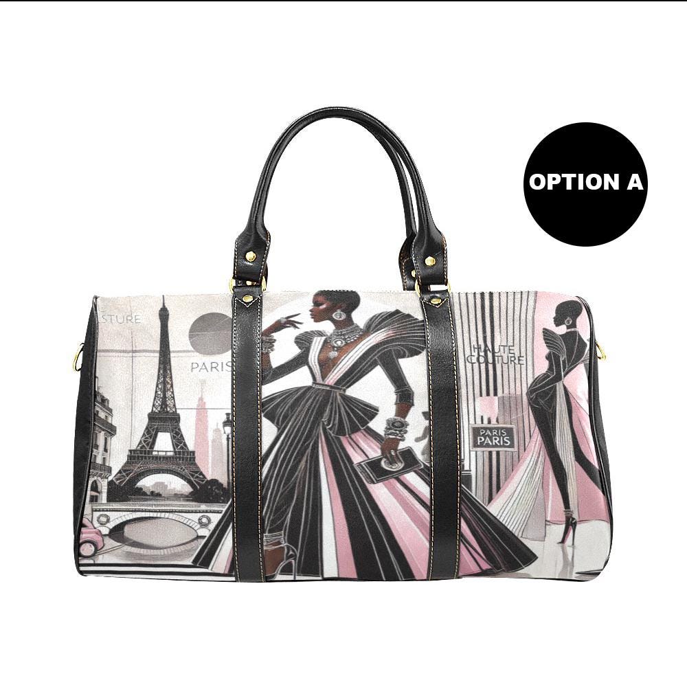 Personalized Fashion Lover Black Woman in Paris Duffle Bag | Black Woman Couture Paris Weekend Travel Bag Gift | Black Women Overnight Bag