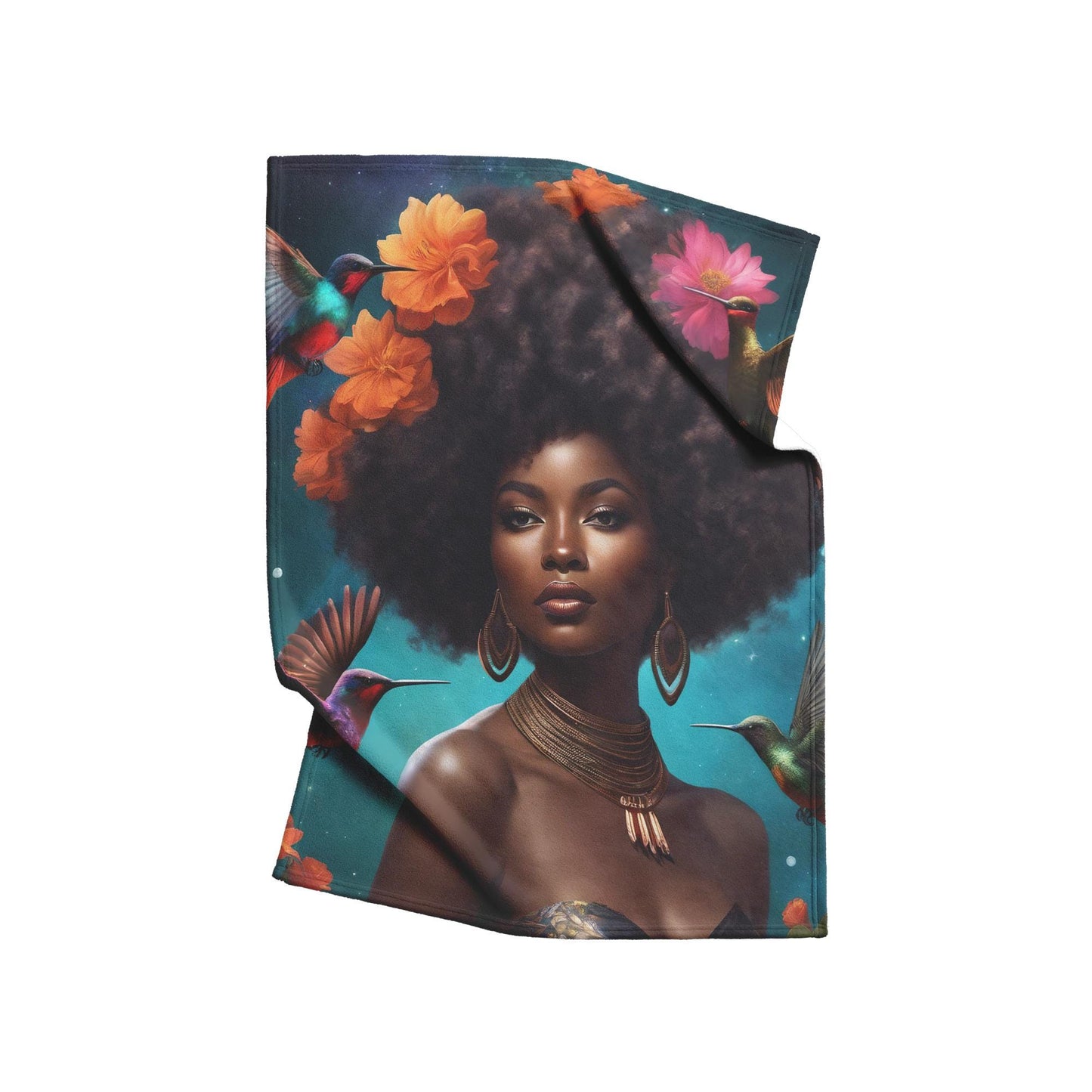 Black Melanin Queen Hummingbird Fleece Blanket | Beautiful Aesthetic Blanket featuring Melanin Queen with Afro Flowers and Hummingbird