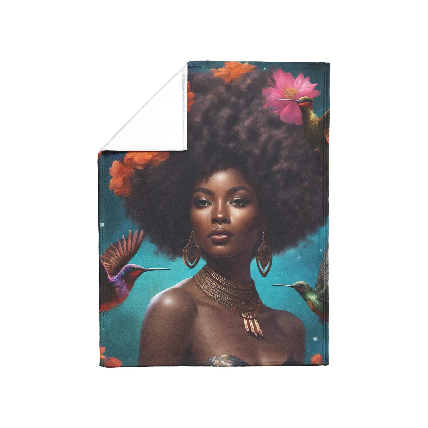 Black Melanin Queen Hummingbird Fleece Blanket | Beautiful Aesthetic Blanket featuring Melanin Queen with Afro Flowers and Hummingbird