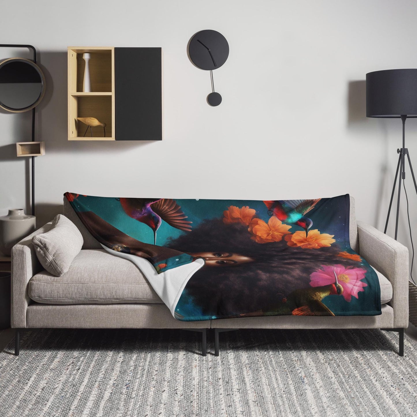 Black Melanin Queen Hummingbird Fleece Blanket | Beautiful Aesthetic Blanket featuring Melanin Queen with Afro Flowers and Hummingbird