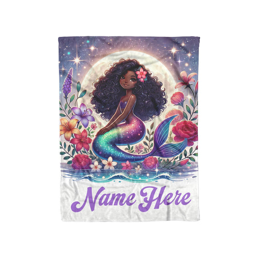 Personalized Little Girls Mermaid Throw Blanket | Kids Mermaid Blanket | Little Girls Blanket Great Gift for Her | Black Girl Birthday Gift
