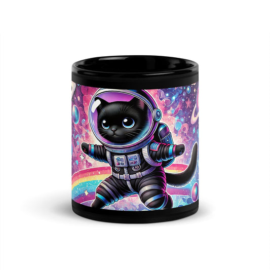 Colorful Black Cat in Space Black Glossy Mug | Vibrant and Fun Mug for Cat Lovers | Gift for Cat Mom | Gift for Cat Dad | Fun Gift for Her