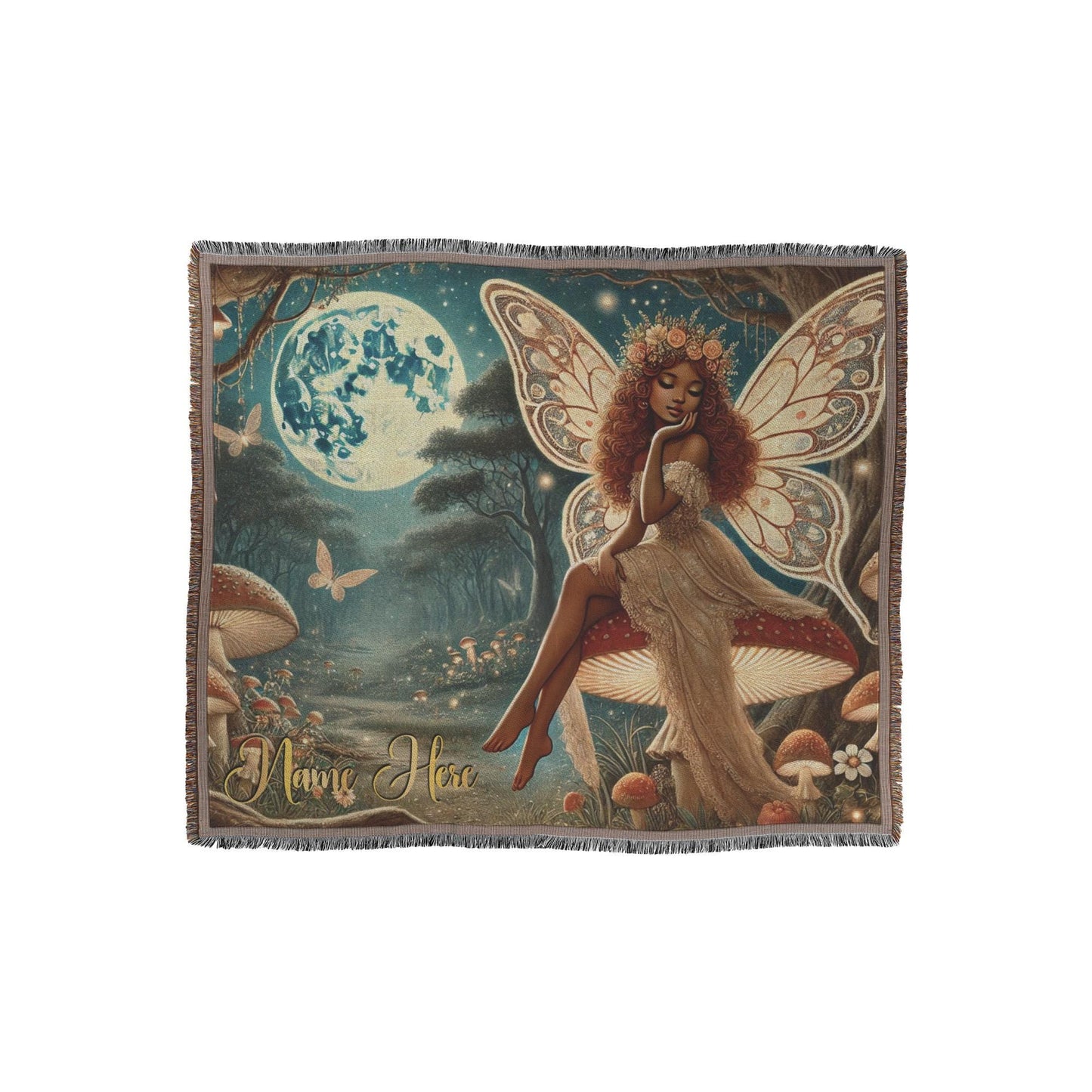 Personalized African American Forest Fairy Woven Blanket | Great Gift for a Black Woman Mythical Fantasy Lover | Red Head Black Girl Fairy