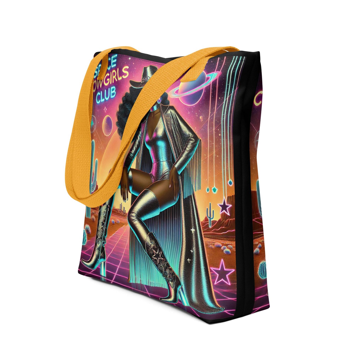 Space Cowgirl Club Tote bag with Beautiful Melanin Cowgirl in Silver | Unique Black Girl Cosmic Cowgirl Bag | Cowgirl Themed Gift for Her