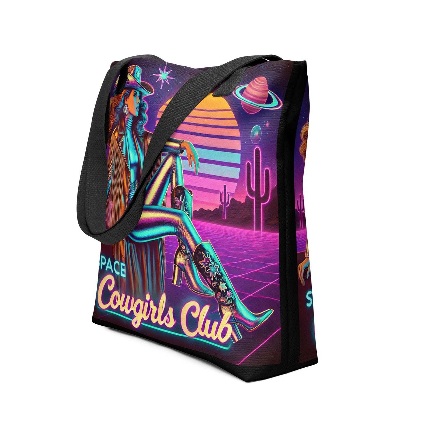 Space Cowgirl Club Tote bag with Stylish Cowgirl in Silver Catsuit | Unique Cosmic Cowgirl Tote | Cowgirl Themed Tote Gift for Her