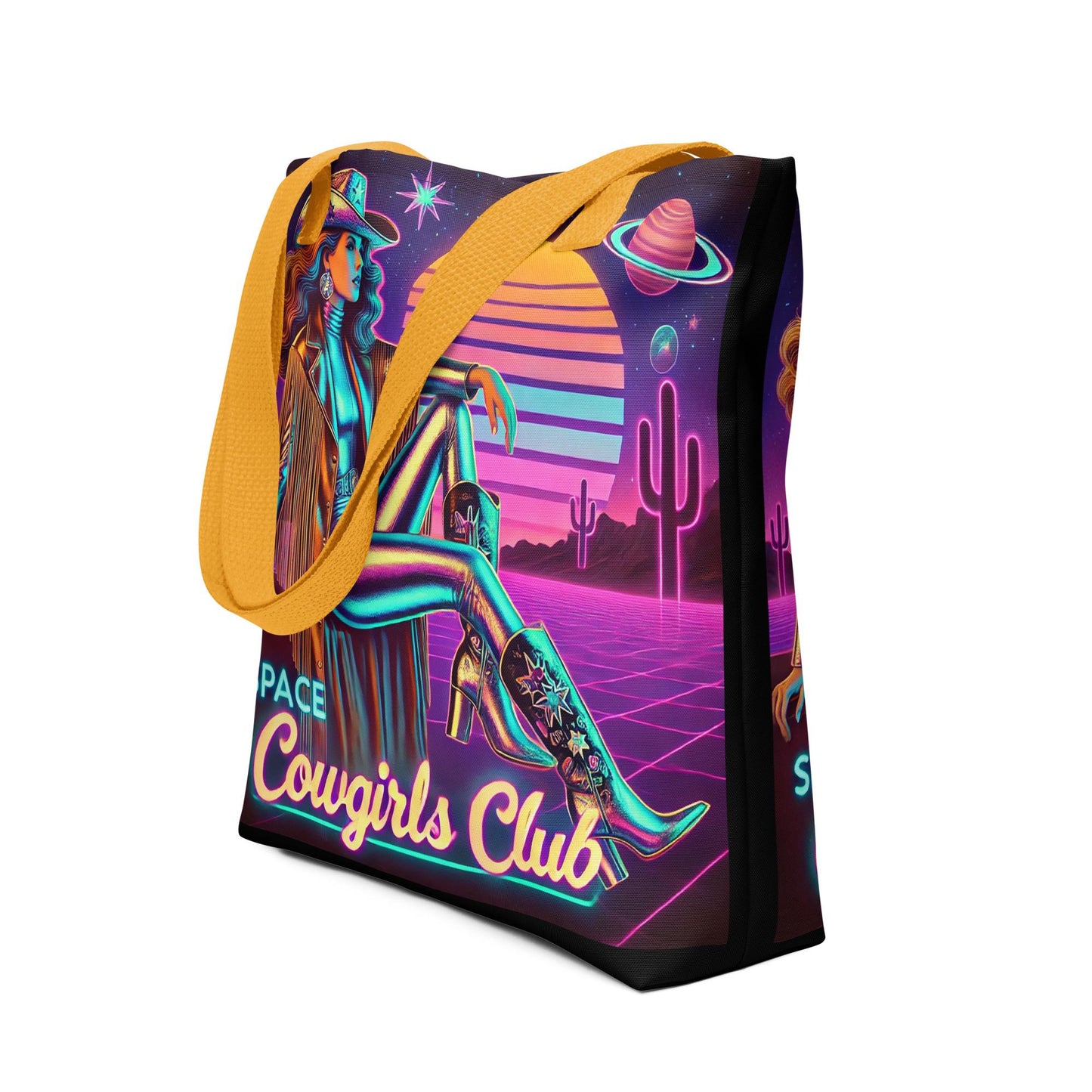 Space Cowgirl Club Tote bag with Stylish Cowgirl in Silver Catsuit | Unique Cosmic Cowgirl Tote | Cowgirl Themed Tote Gift for Her