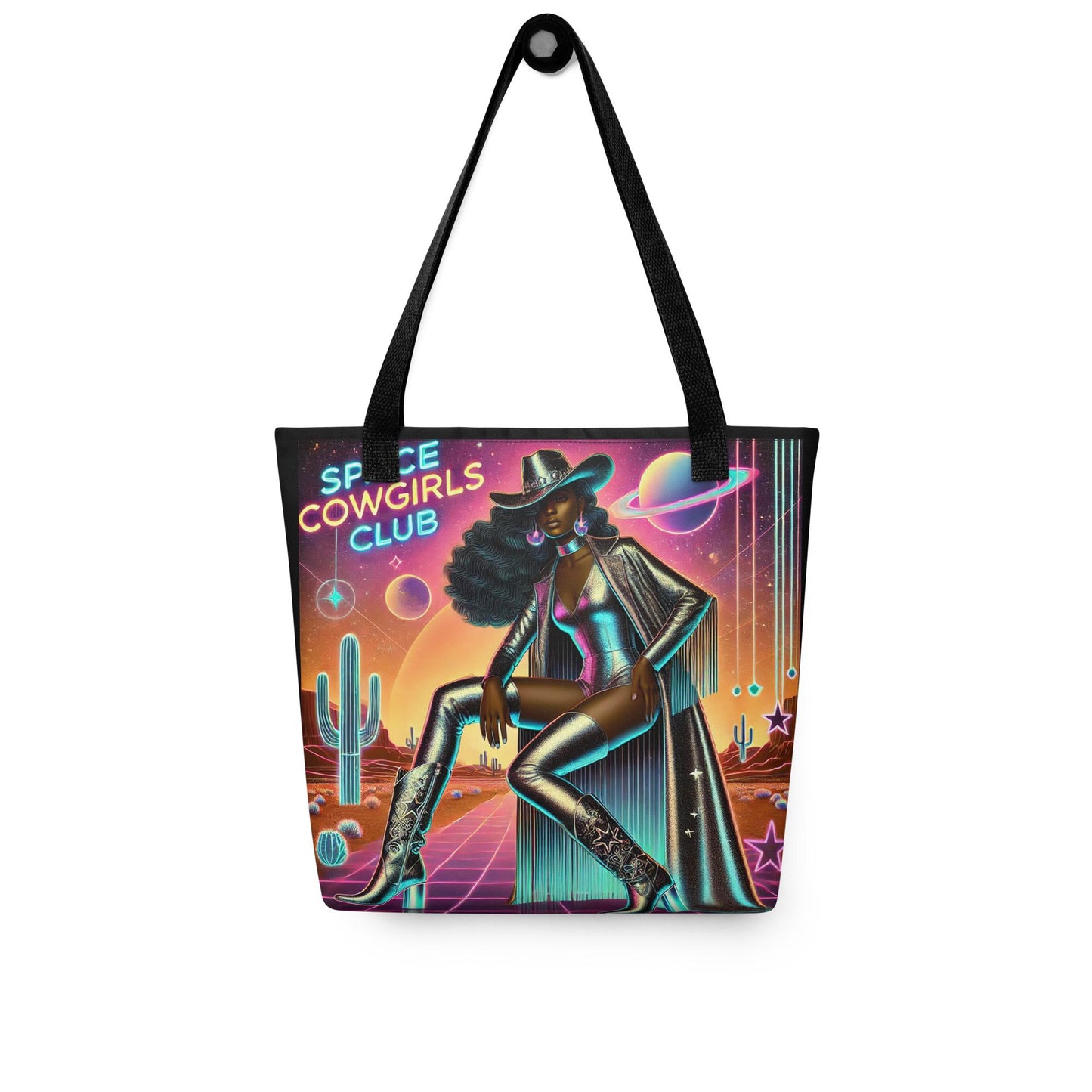 Space Cowgirl Club Tote bag with Beautiful Melanin Cowgirl in Silver | Unique Black Girl Cosmic Cowgirl Bag | Cowgirl Themed Gift for Her