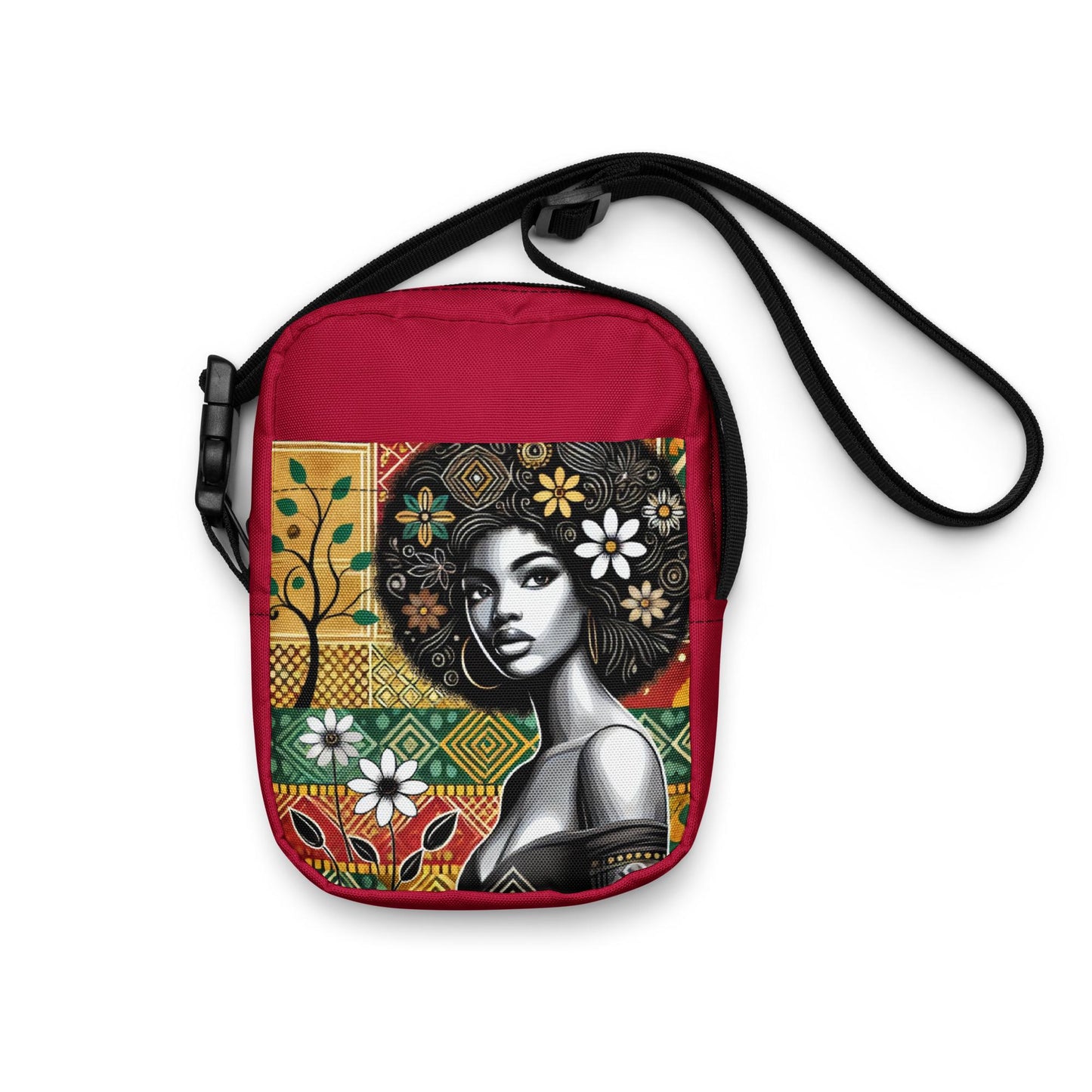 Black Queen Utility Bag with Afro & Flowers | Personalized Style Statement Great Gift for Her | Fashionable Crossbody Bag with Unique Style