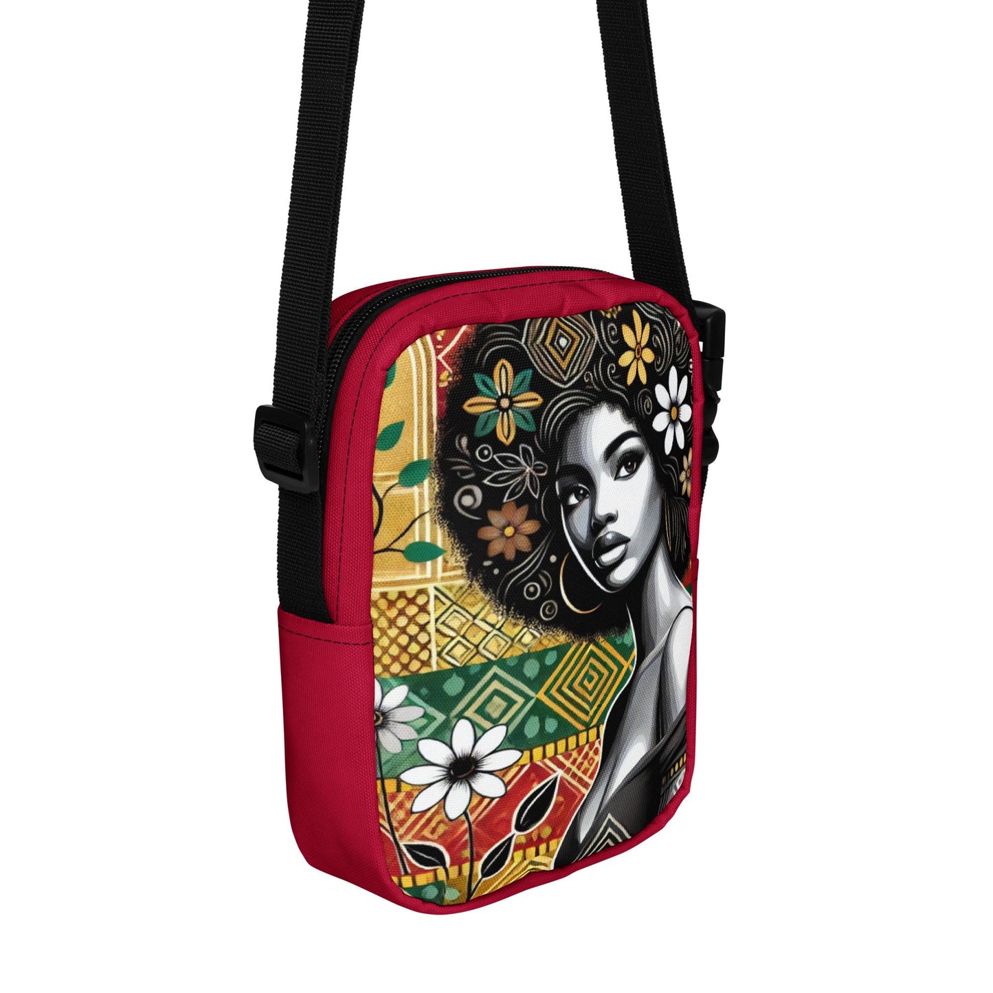 Black Queen Utility Bag with Afro & Flowers | Personalized Style Statement Great Gift for Her | Fashionable Crossbody Bag with Unique Style