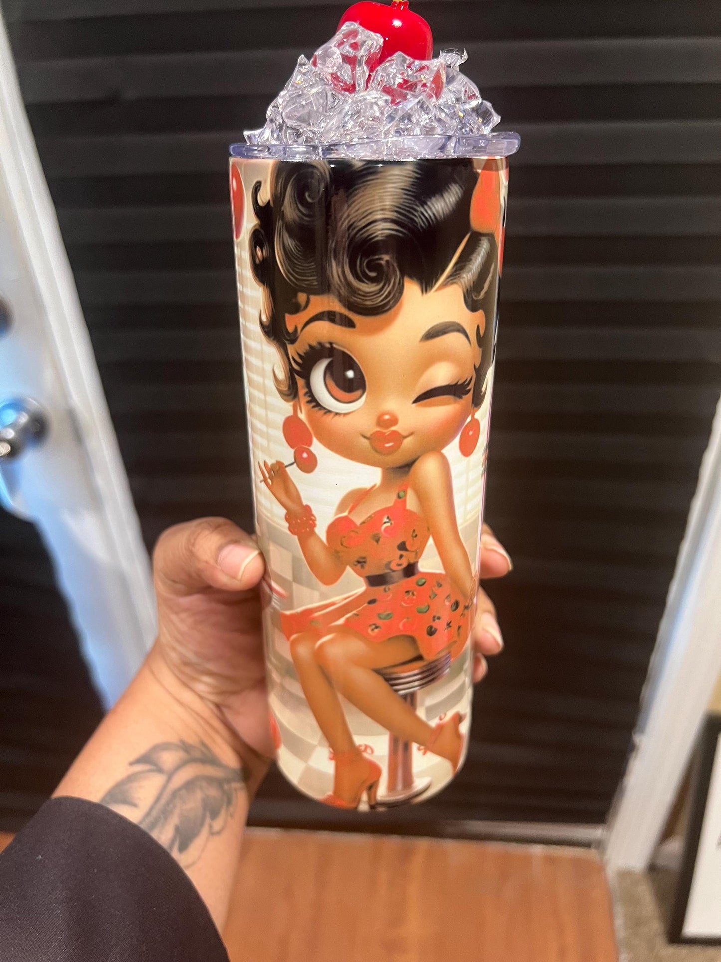 Cherry Jukebox Joint Black Betty Boop Tumbler | 20oz Tumbler Gift for Her | Vintage Themed Betty Boop Aesthetic Gift Available with 3D Top