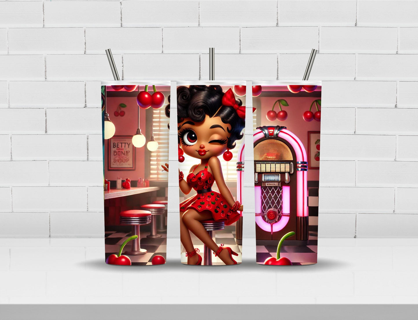 Cherry Jukebox Joint Black Betty Boop Tumbler | 20oz Tumbler Gift for Her | Vintage Themed Betty Boop Aesthetic Gift Available with 3D Top
