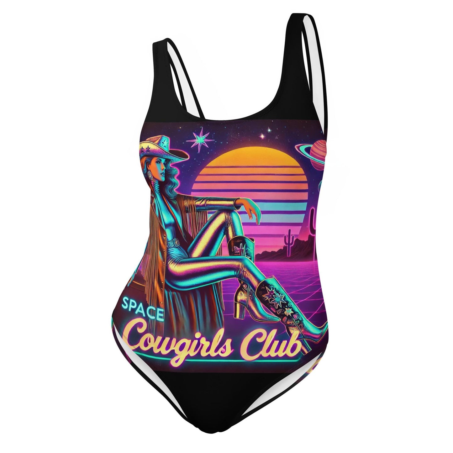 Space Cowgirl Club One-Piece Swimsuit with Stylish Cowgirl in Silver Catsuit | Unique Cosmic Cowgirl Swimwear | Cowgirl Themed Gift for Her