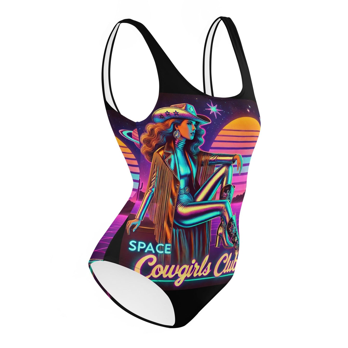 Space Cowgirl Club One-Piece Swimsuit with Stylish Cowgirl in Silver Catsuit | Unique Cosmic Cowgirl Swimwear | Cowgirl Themed Gift for Her