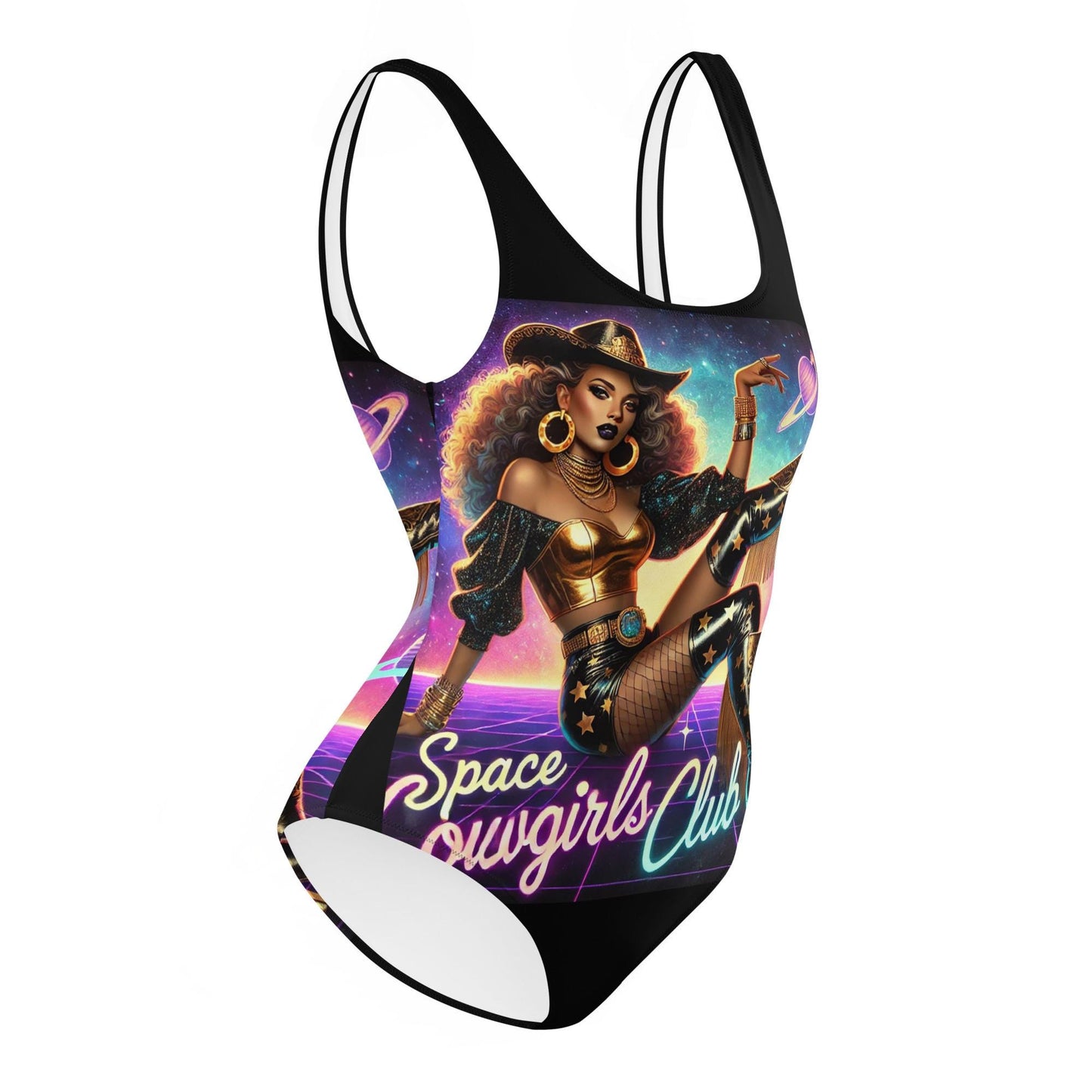 Beautiful Black Space Cowgirl Club One-Piece Swimsuit | Unique Black Girl Design Cosmic Cowgirl Club Unique Swimsuit Great Gift for Her