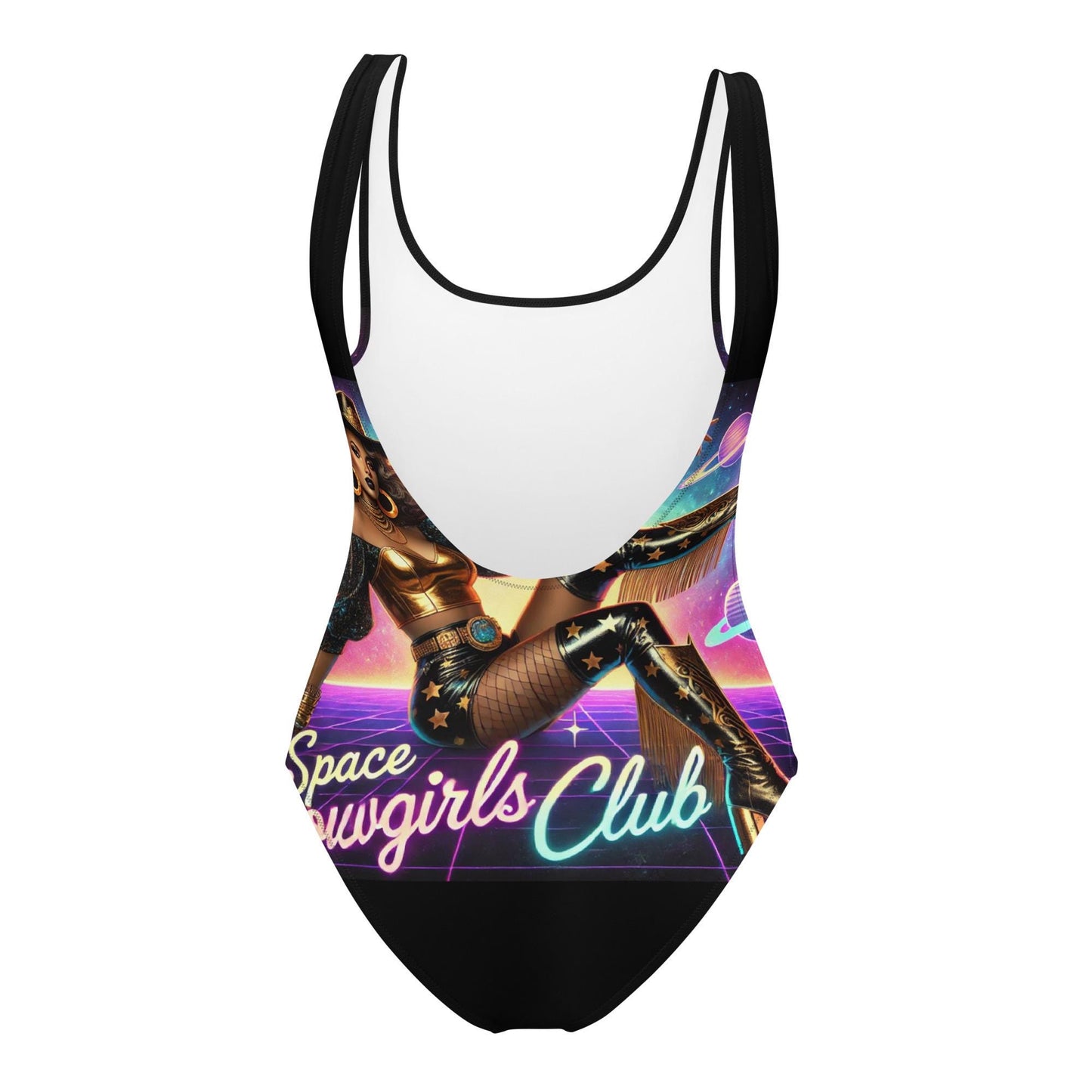 Beautiful Black Space Cowgirl Club One-Piece Swimsuit | Unique Black Girl Design Cosmic Cowgirl Club Unique Swimsuit Great Gift for Her