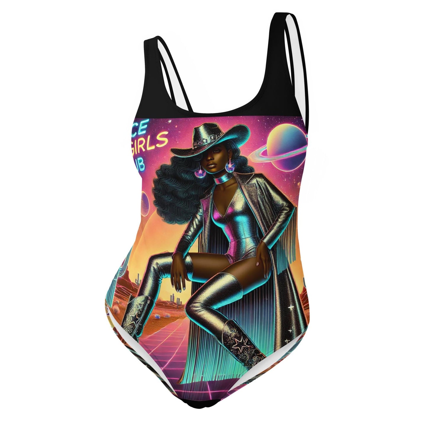 Beautiful Melanin Space Cowgirl Silver on a One-Piece Swimsuit | Unique Cosmic Cowgirl Swimsuit Gift for Her