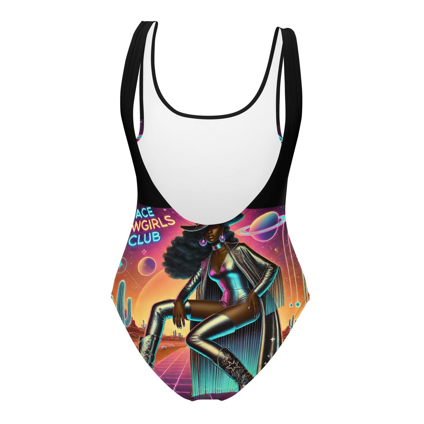 Beautiful Melanin Space Cowgirl Silver on a One-Piece Swimsuit | Unique Cosmic Cowgirl Swimsuit Gift for Her