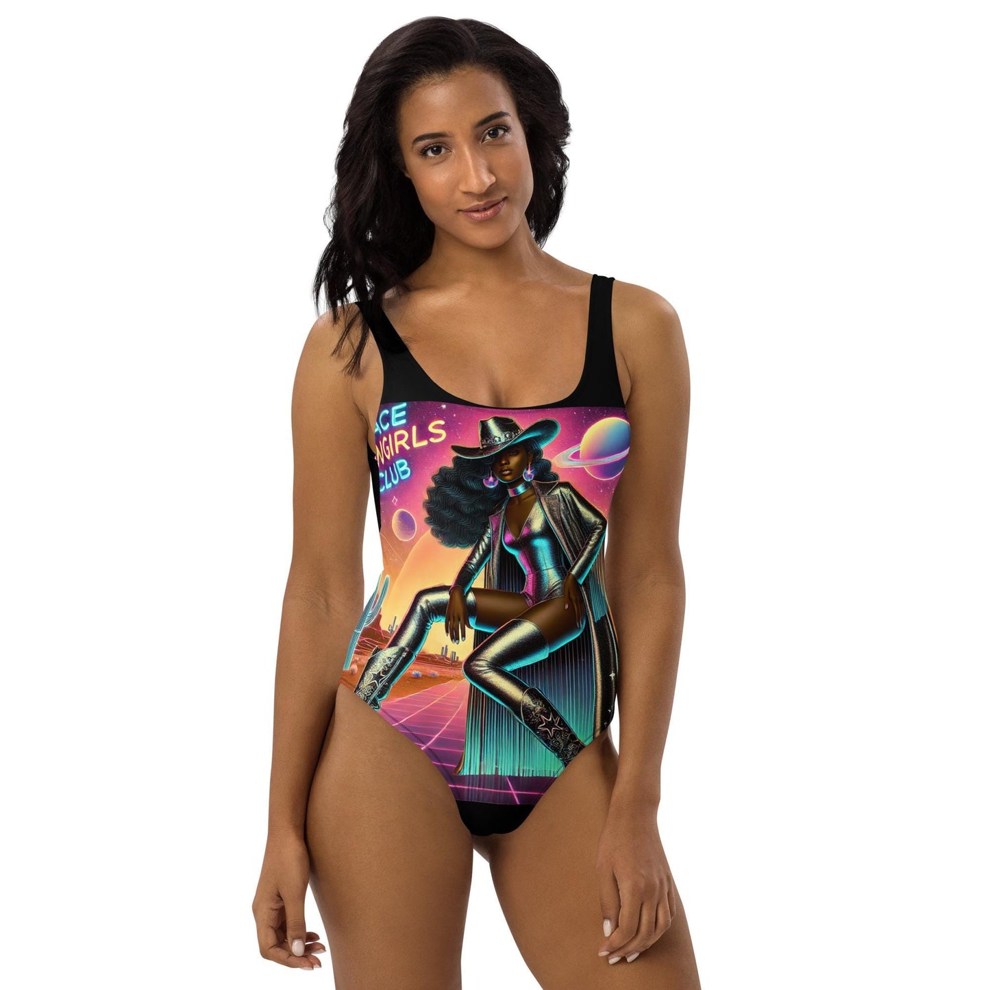 Beautiful Melanin Space Cowgirl Silver on a One-Piece Swimsuit | Unique Cosmic Cowgirl Swimsuit Gift for Her