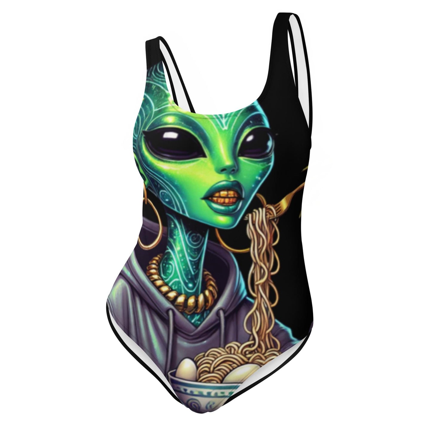 Unique Alien Superstar One-Piece Swimsuit | Urban Extraterrestrial Vibes with Alien Eating Ramen on a One Piece Swimsuit Great Gift for Her