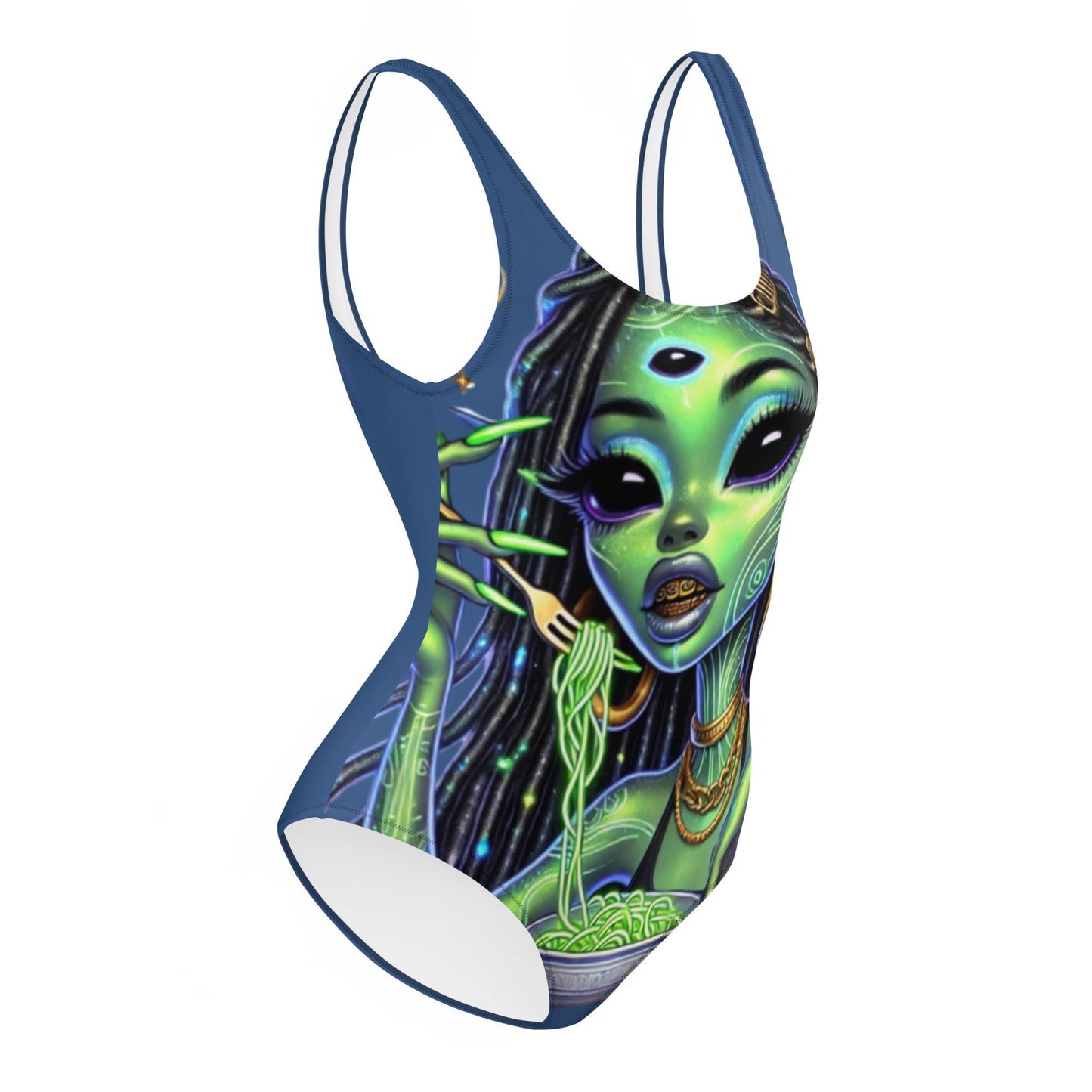 Unique Alien Superstar One-Piece Swimsuit | Urban Extraterrestrial Vibes with Alien Eating Ramen on a One Piece Swimsuit Great Gift for Her