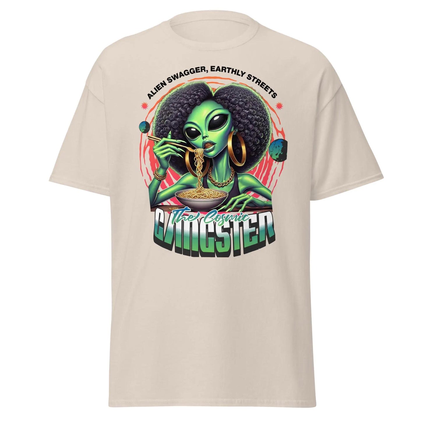 Cosmic Gangster Alien Babe Graphic Unisex Tee - Ramen Lover Shirt | Ramen Lover Shirt with Urban Alien Babe Design Unique Gift for Her