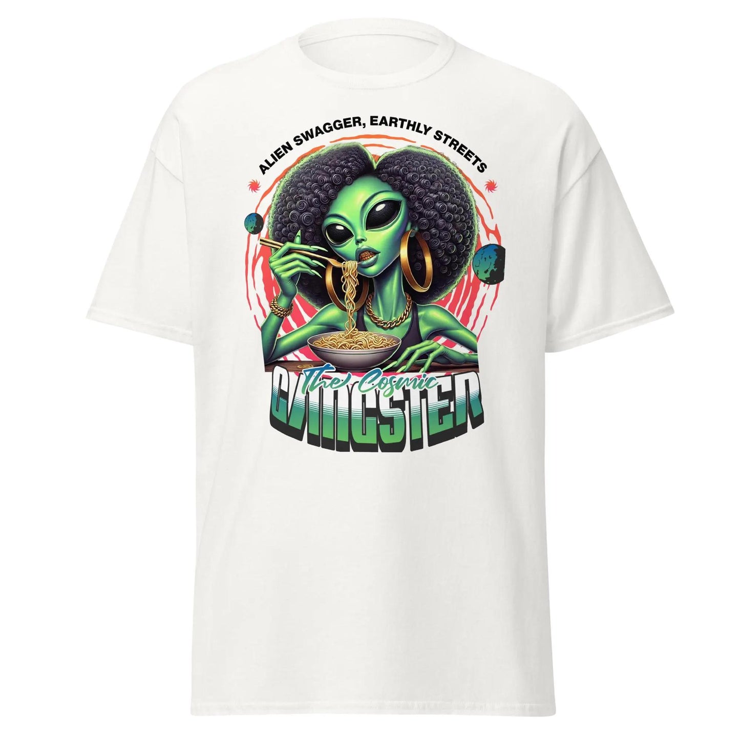 Cosmic Gangster Alien Babe Graphic Unisex Tee - Ramen Lover Shirt | Ramen Lover Shirt with Urban Alien Babe Design Unique Gift for Her
