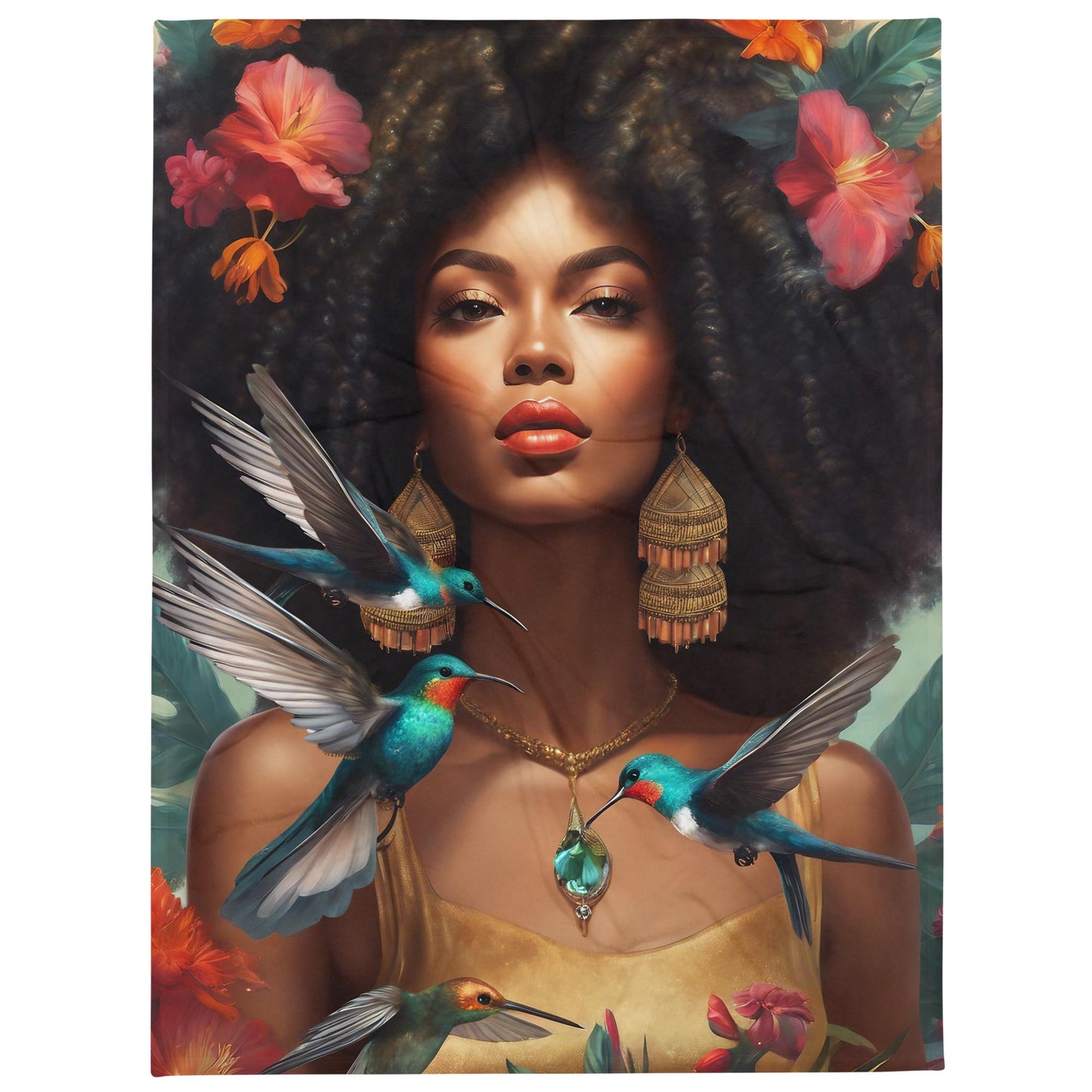 Beautiful Black Queen With Hummingbirds Blanket | Black Girl Magic Throw | Unique Throw Blanket for Home or Office Great gift for Her