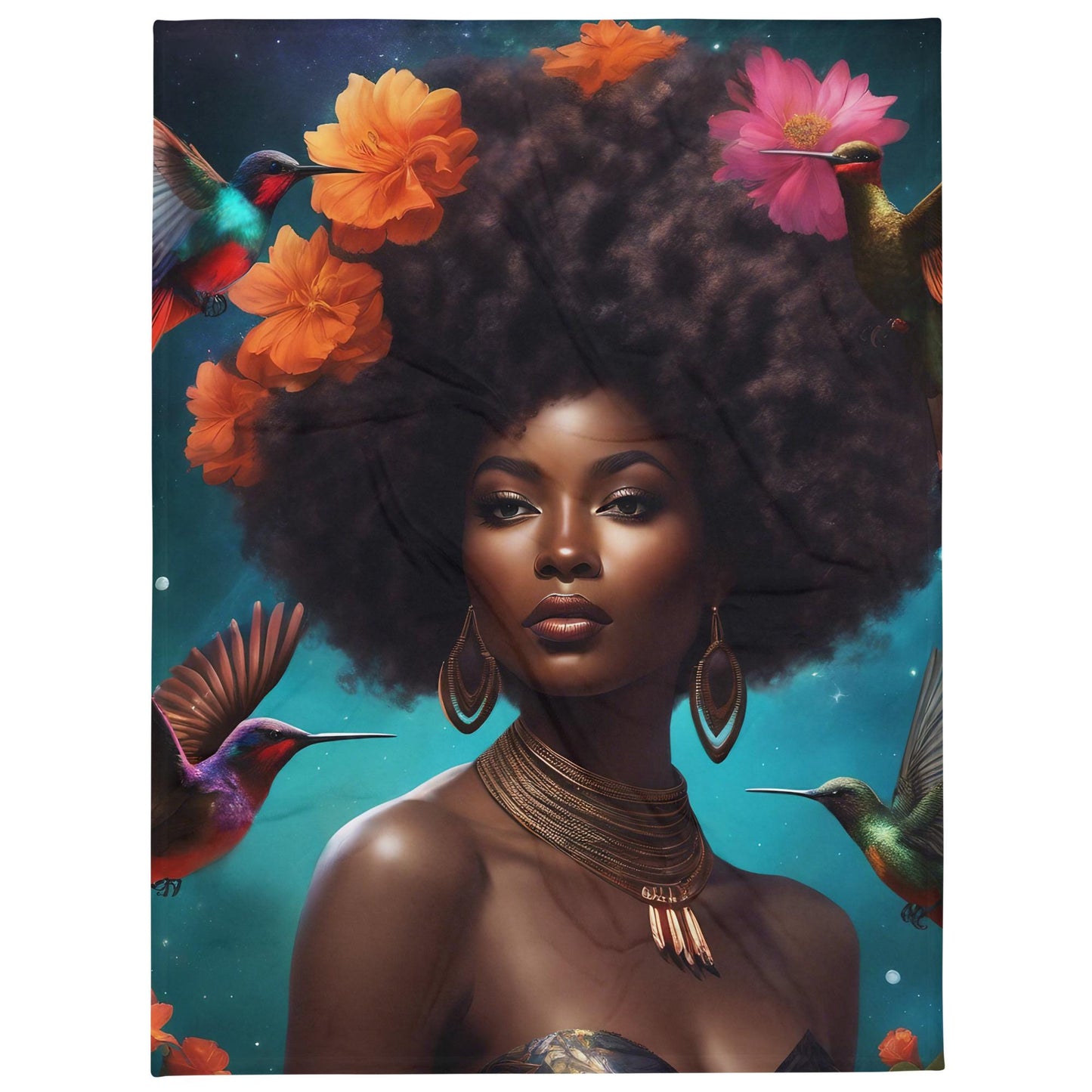 Black Melanin Queen Hummingbird Fleece Blanket | Beautiful Aesthetic Blanket featuring Melanin Queen with Afro Flowers and Hummingbird