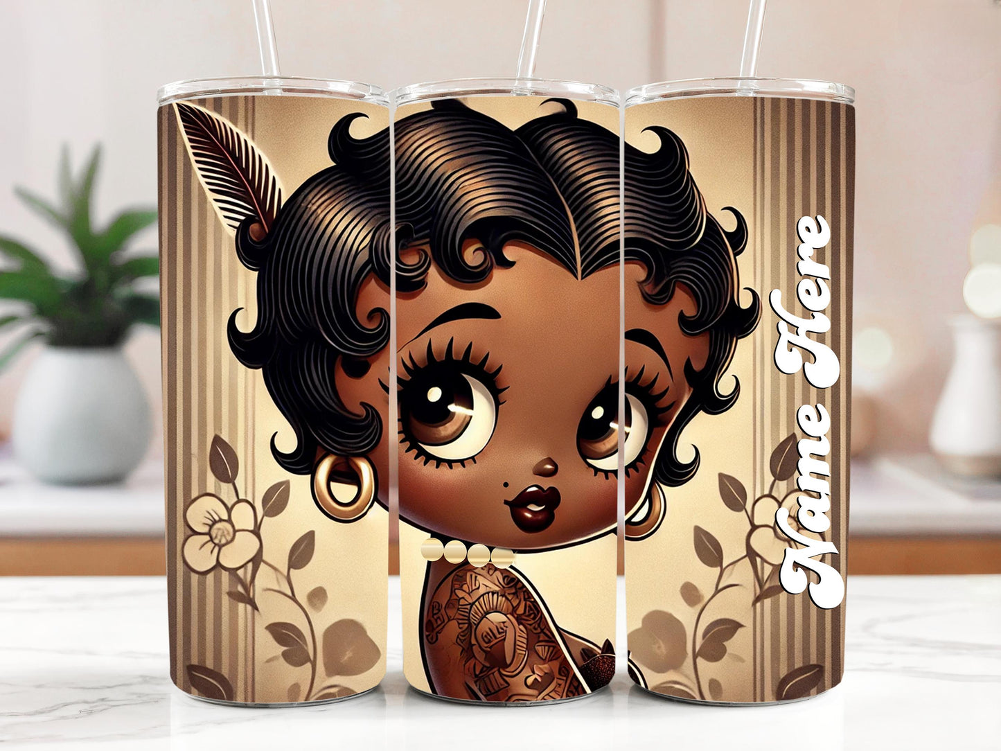 Melanin Queen Boop Vintage Earth Tone Personalized 20 oz Tumbler | Black Boop Character Gift for her | Personalized Black Boop Gifts for Her