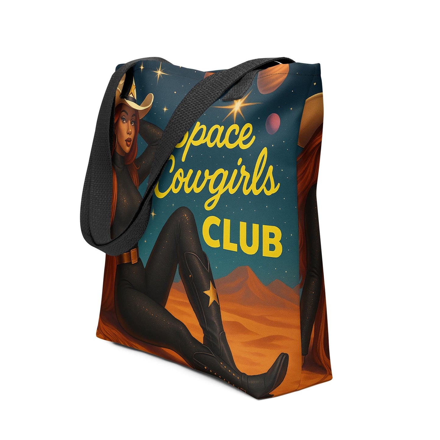 Space Cowgirl Tote Bag| Brown Skinned Girl Western Galaxy Print Bag | Retro Cowgirl Aesthetic Gift for Her | Sci-Fi Rodeo All Over Print Bag