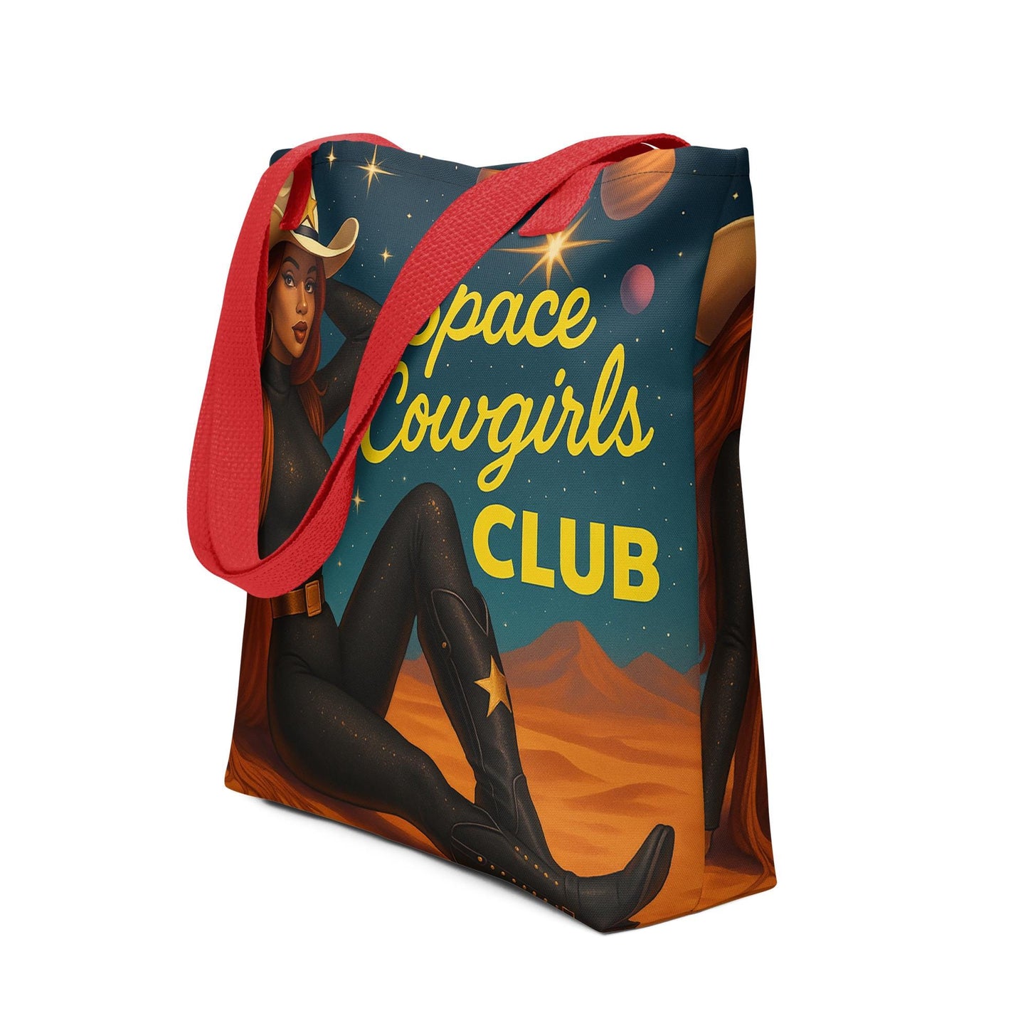 Space Cowgirl Tote Bag| Brown Skinned Girl Western Galaxy Print Bag | Retro Cowgirl Aesthetic Gift for Her | Sci-Fi Rodeo All Over Print Bag