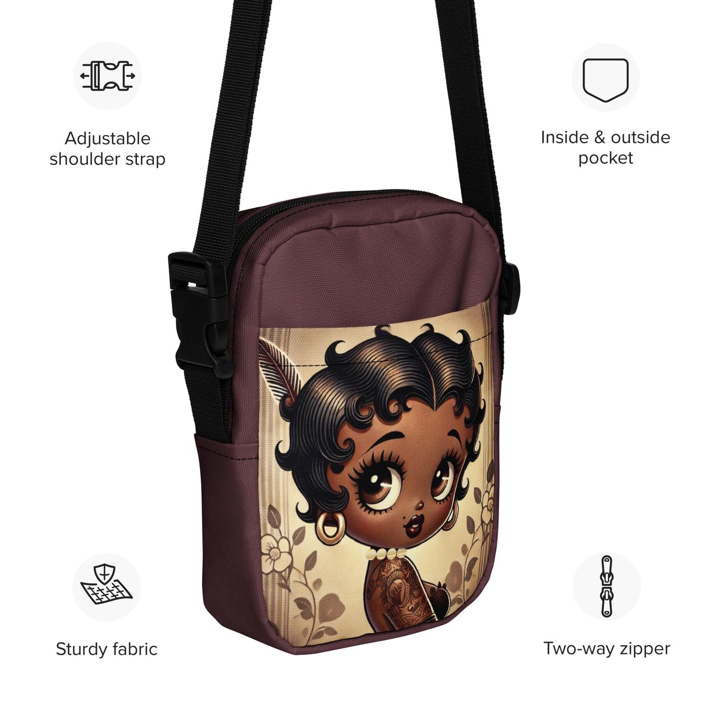 Melanin Queen Boop Vintage Earth Tone Utility crossbody bag | Black Boop Character Bag Gift for her | Personalized Black Boop Gifts for Her