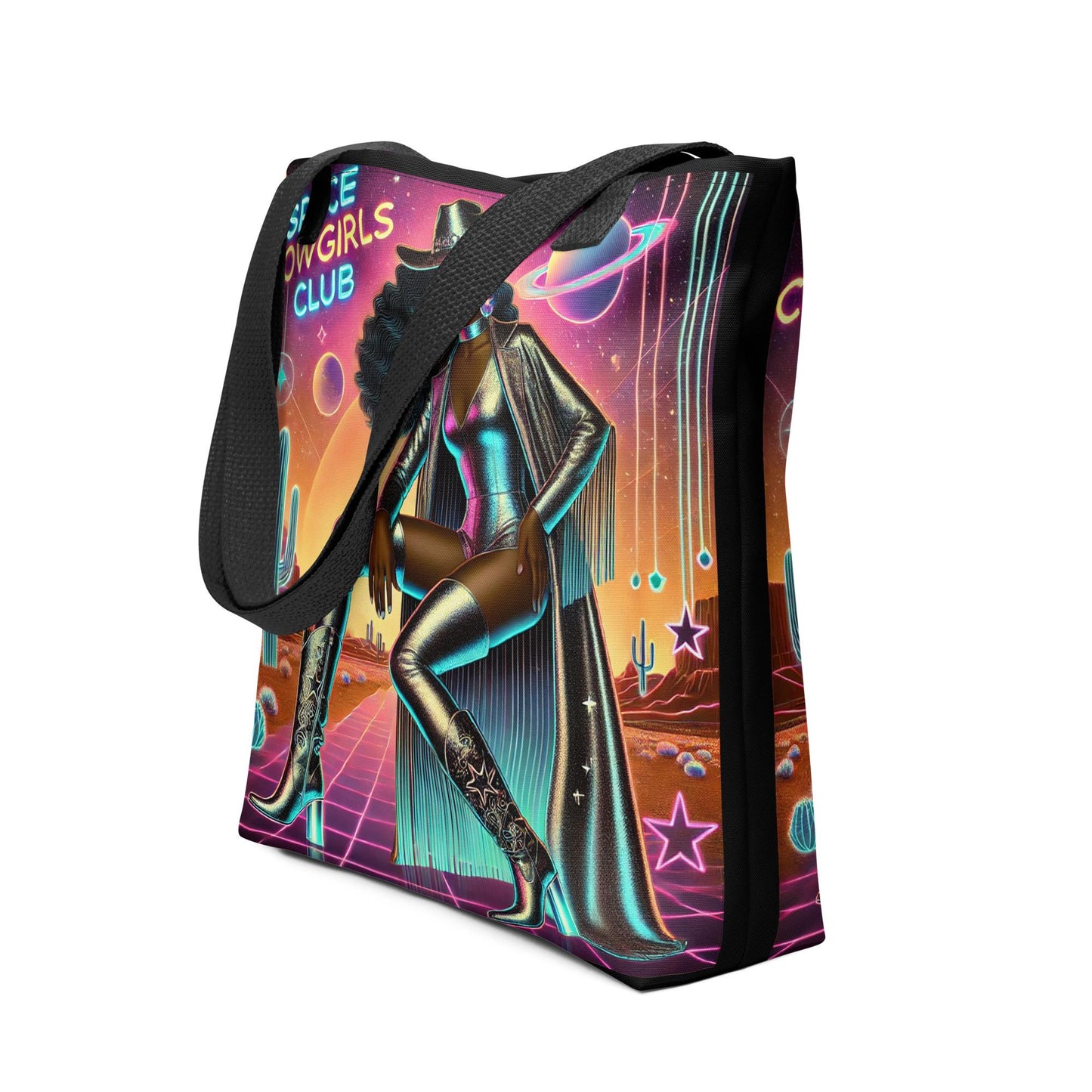 Space Cowgirl Club Tote bag with Beautiful Melanin Cowgirl in Silver | Unique Black Girl Cosmic Cowgirl Bag | Cowgirl Themed Gift for Her