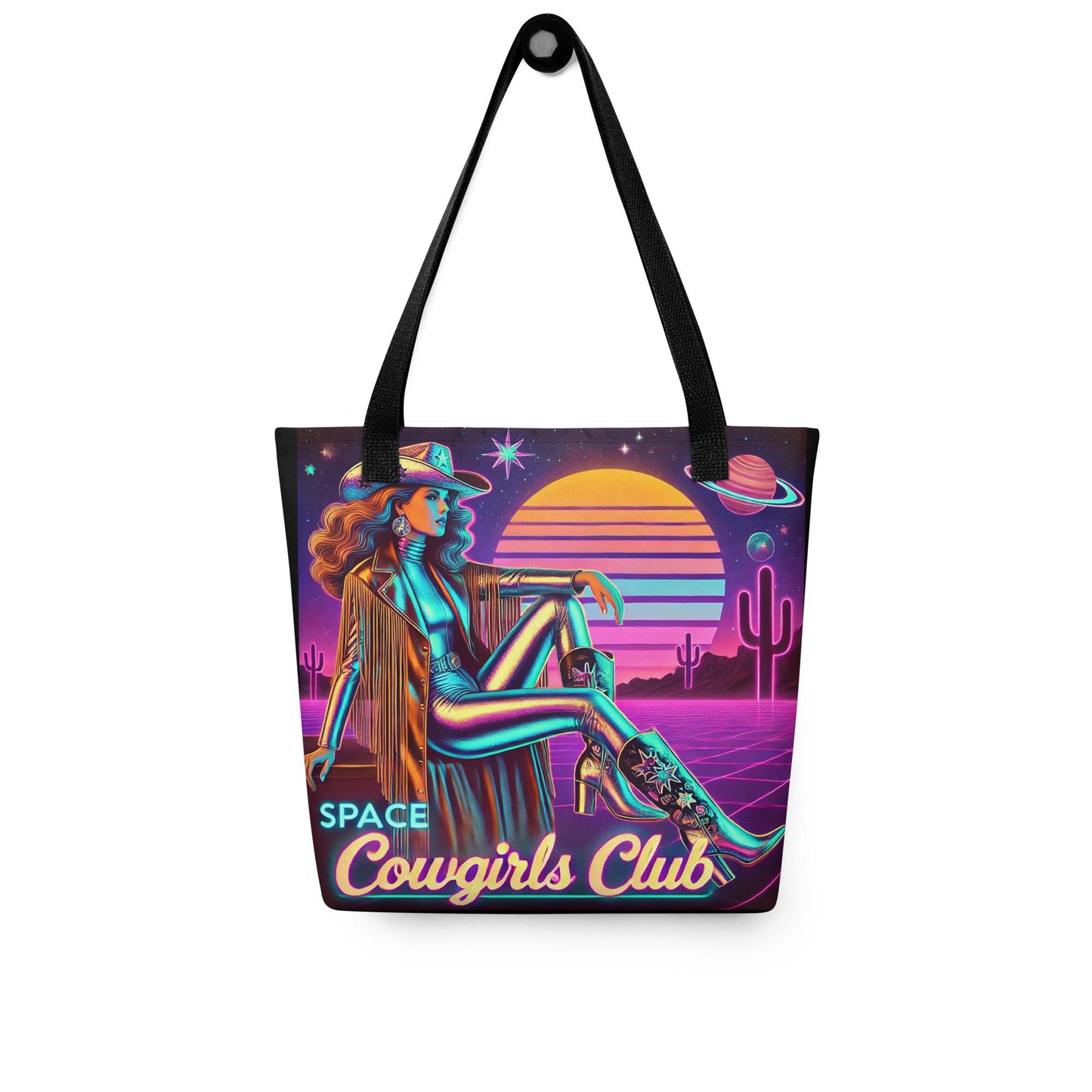 Space Cowgirl Club Tote bag with Stylish Cowgirl in Silver Catsuit | Unique Cosmic Cowgirl Tote | Cowgirl Themed Tote Gift for Her